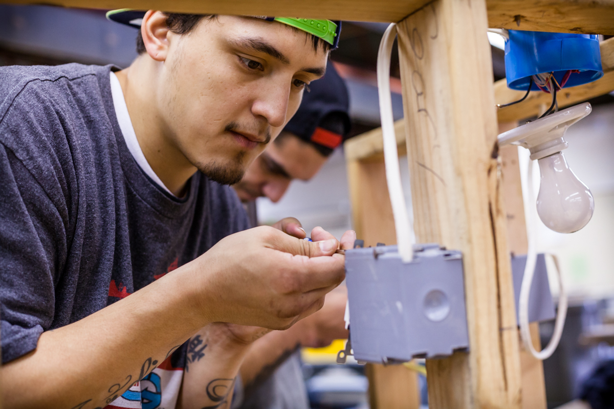 Students of TERO Vocational Training Center working on an electrical project.